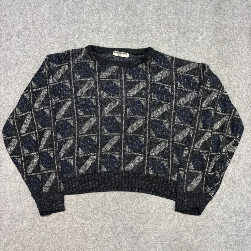 Eric Rhodes Vintage Geometric Knit Sweater Mens Large Grey Blue Made in USA